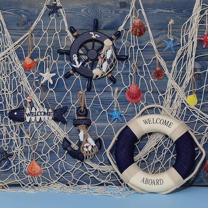 Marsui 11 Pcs Wooden Nautical Wall Decor Fishing Net Decoration, Include Decorative Fishing Net, Ship wheel, Fish Skeleton, Life Ring, Anchor, Starfish Beach Decor for Mediterranean Party (Khaki)