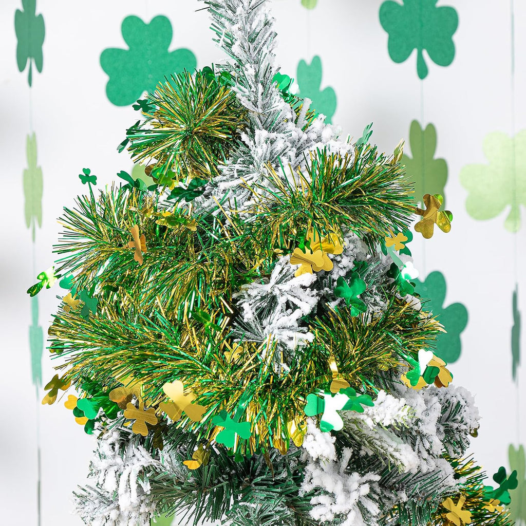 33FT St.Patrick's Day Tinsel Garland Shamrock Clover Green Golden Metallic Twist Tinsel Garland Hanging Foil Garland for St. Patrick's Day Irish Festival Party Indoor Outdoor Decoration