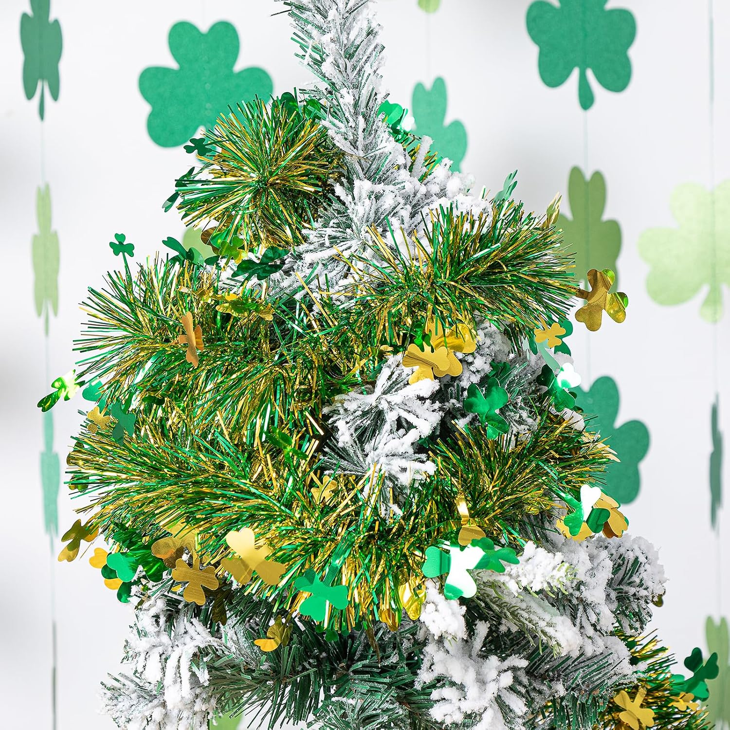 33FT St.Patrick's Day Tinsel Garland Shamrock Clover Green Golden Metallic Twist Tinsel Garland Hanging Foil Garland for St. Patrick's Day Irish Festival Party Indoor Outdoor Decoration