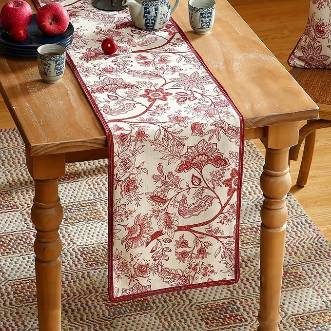 ISAENNE Designer Chinoiserie Elegant Linen Table Runner 102 Inches Long,Red Floral Pattern Decor Table Runners for Thanksgiving,Dining Room,Banquet,Kitchen Tables,Christmas,12"*102"-Ruyi A