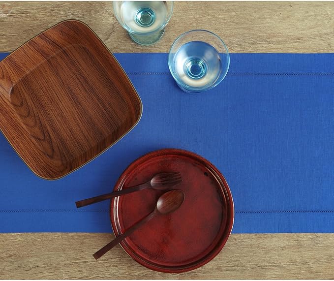 Solino Home Linen Royal Blue Table Runner 108 Inches Long - 100% Pure Linen 14 x 108 Inch Table Runner for Holiday - Classic Hemstitch