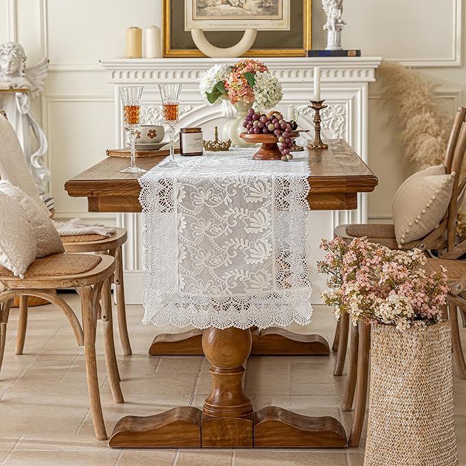 White Elegant Vintage Lace Table Runner,Wedding Lace Decor with Floral Embroidery,Tea Party Decor (White, 13.8X86 Inches)