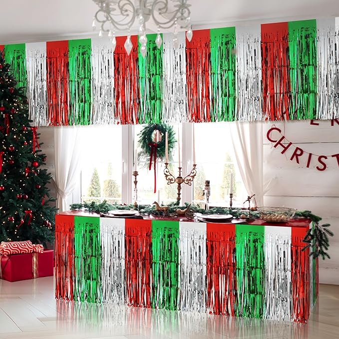 2 Pack Christmas Table Skirts, 29x108" Red & Silver & Green Metallic Foil Tinsel Fringe Table Skirts for Rectangle Tables Streamer Curtain Backdrop, Party Decoration for Xmas Birthday Wedding Holiday