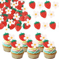 60 Pack Edible Sweet Strawberry Flower Cupcake Toppers First Birthday Strawberry Flower Rice Paper Wafer Paper Cake Picks for Fruit 1st Berry Sweet Kids Birthday Cake Decorations