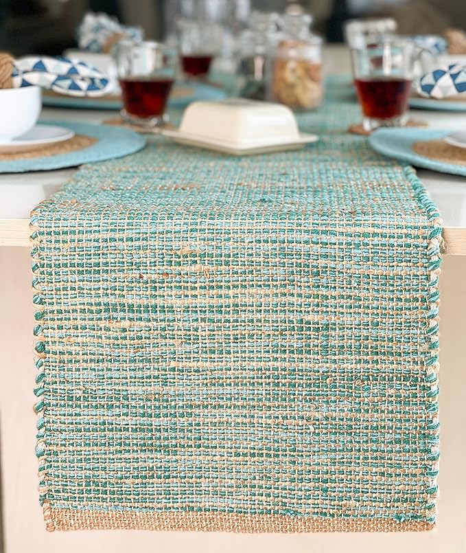 Chardin home Natural Jute Table Runner 13x90 Inch – Vintage Boho Rustic Table Decor – Handwoven Table Runner in Natural Jute and Aqua Turquoise – Farmhouse Dining or Console Table Accent