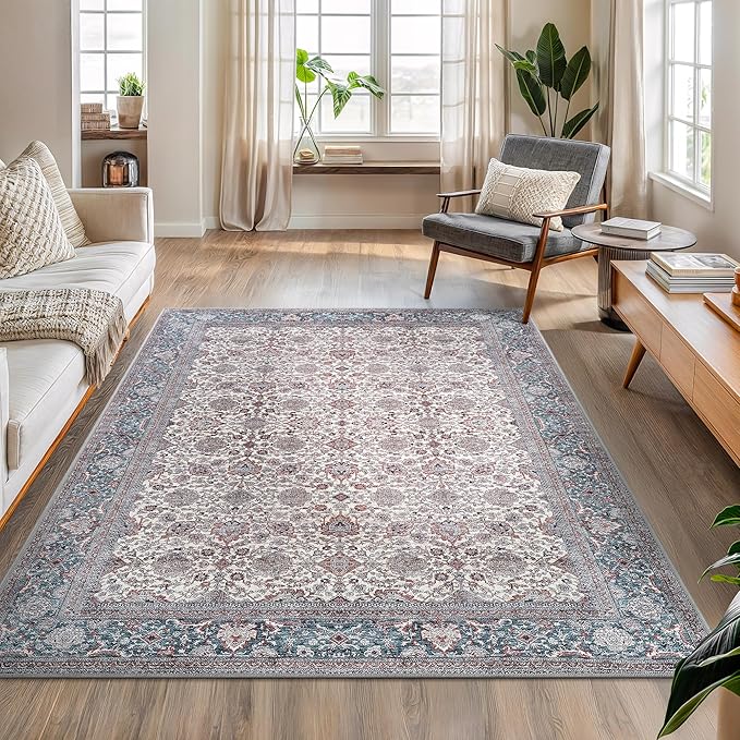 Bloom Rugs Washable Non-Slip 5' x 7' Rug - Teal/Blue/Beige Traditional Oriental Area Rug for Living Room, Bedroom, Dining Room, and Kitchen - Exact Size: 5' x 7'