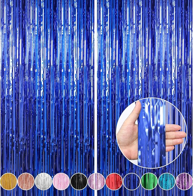 Crosize 2 Pack 3.3 x 9.9 ft Dark Blue Foil Fringe Curtains Party Decorations, Blue Tinsel Curtain Backdrop for Parties, Door Streamers, Glitter Streamer Fringe Backdrop for Birthday Decoration
