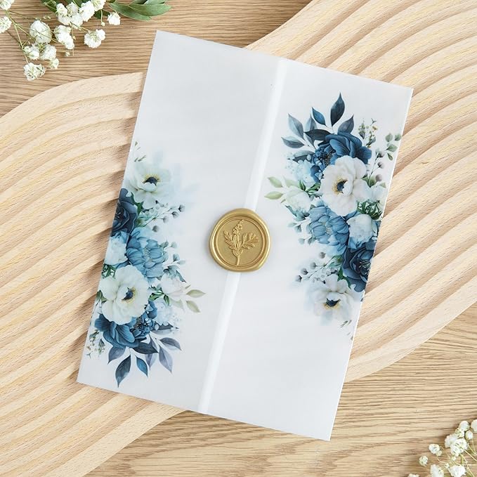 PONATIA 50PCS Vellum Jackets for 5x7 Invitation Cards- 135GSM Dusty Blue Flowers Vellum Sleeves, Wedding Invitations Wraps - Transparent Christmas Gift Cards Jackets