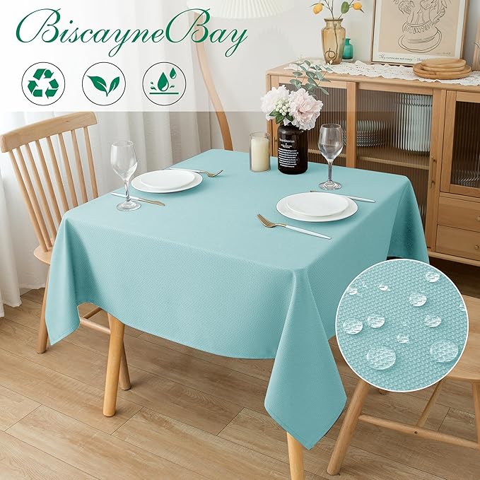 Biscaynebay Square Tablecloth 60x60 Inch-Auqa Blue Card Fabric Table Cover-Small Folding Table Cloths Linen Water Resistant for Kitchen Dining Picnic Patio Outdoor Party Restaurant Tables