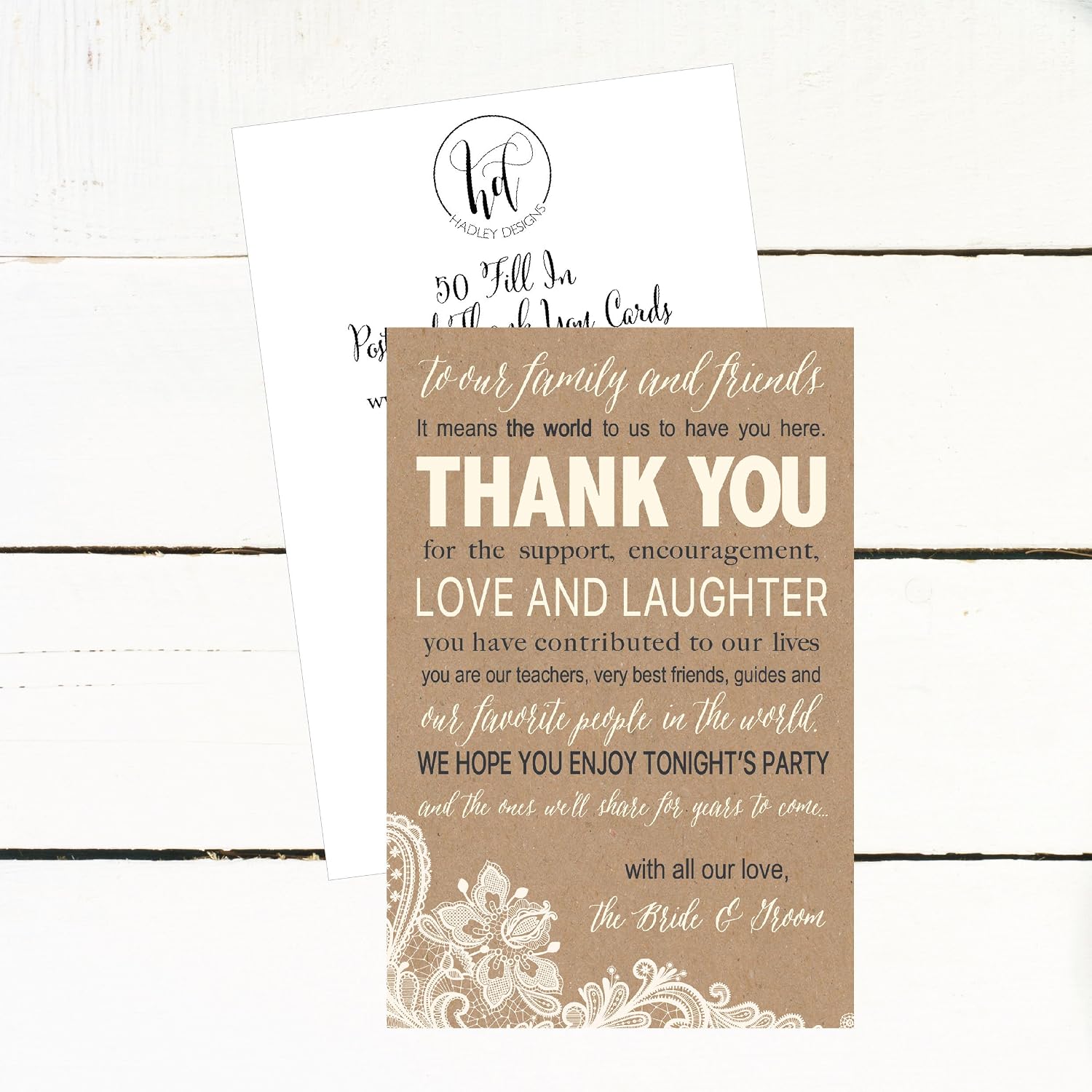 Hadley Designs 50 Wedding Kraft Thank You Place Cards, Favors For Family & Guests