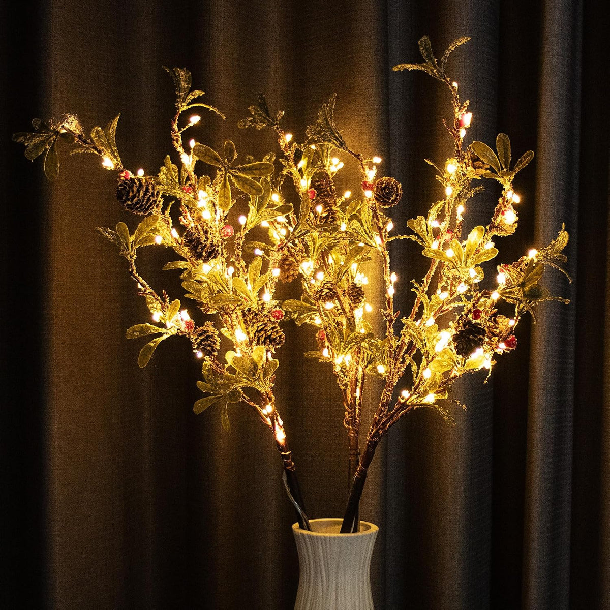 lighted christmas evergreen sprig branches tree, handmade leaf, package contents