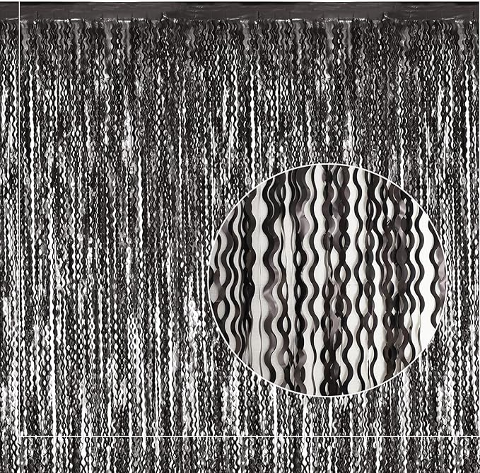 Black Foil Fringe Curtains Party Decorations - 4 Pack 3.3 ft x 6.6 ft Foil Party Curtain Streamer Backdrop for Halloween | Graduation | Fiesta Birthday Decor