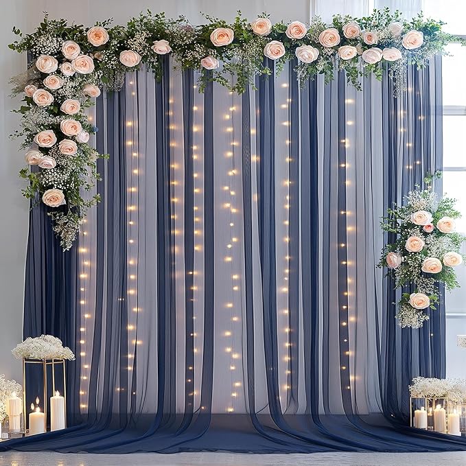 20×10ft Navy Blue Tulle Backdrop Curtain with Lights String for Parties, Sheer Photo Backdrop Curtains for Wedding Party Photography Background