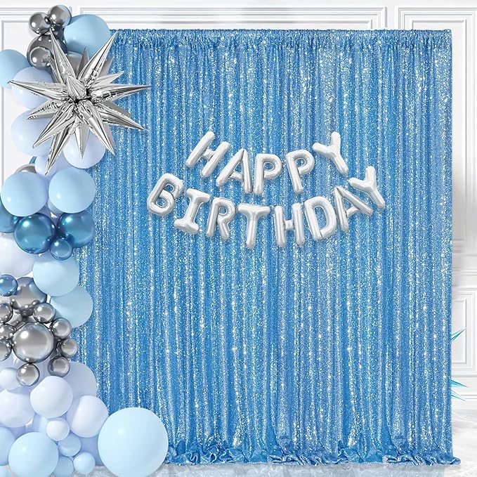Baby Blue Sequin Backdrop Curtain 8ft x 8ft Sequin Glitter Background for Weddding Party Baby Shower Decorations