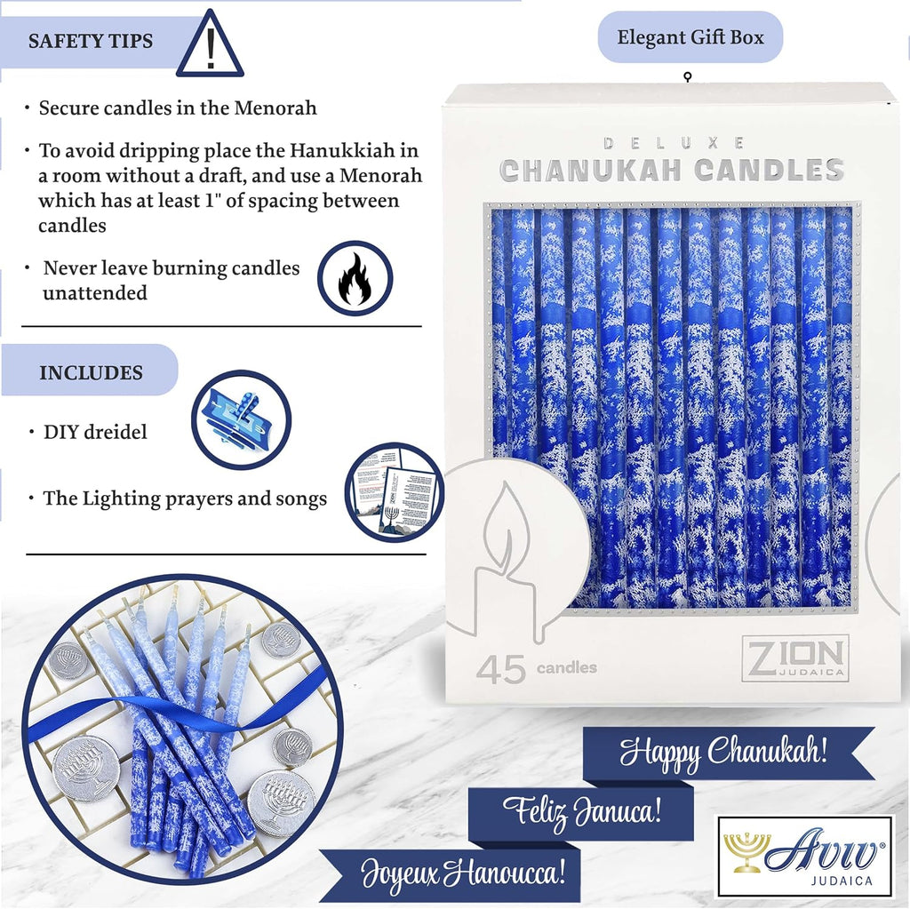 Premium Hanukkah Candles Set of 45 Frosted Multi Blue Winter Holidays Theme Candles 1-Hour Thin Tapered for All Hanukah Nights with DIY Dreidel & Chanukah Candle Lighting Blessings