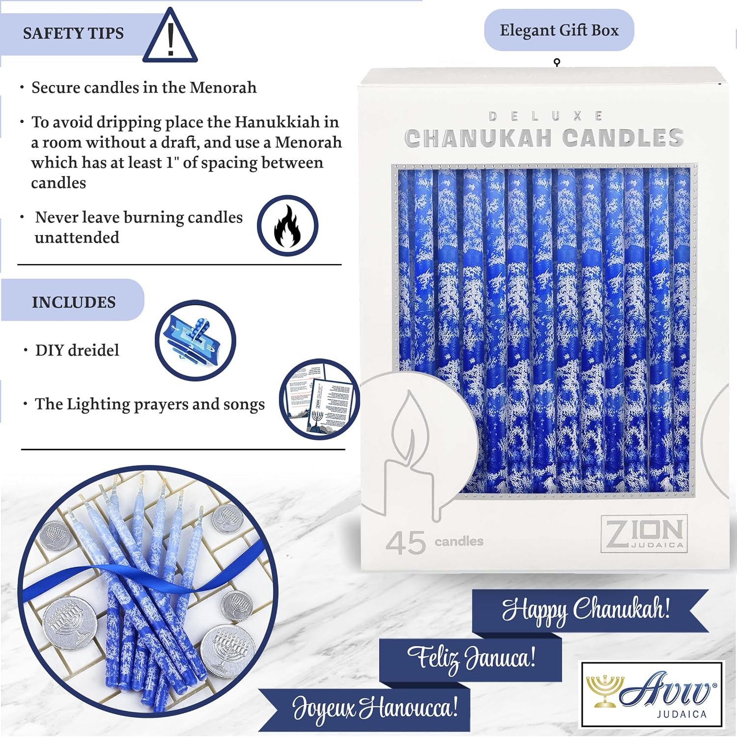 Premium Hanukkah Candles Set of 45 Frosted Multi Blue Winter Holidays Theme Candles 1-Hour Thin Tapered for All Hanukah Nights with DIY Dreidel & Chanukah Candle Lighting Blessings