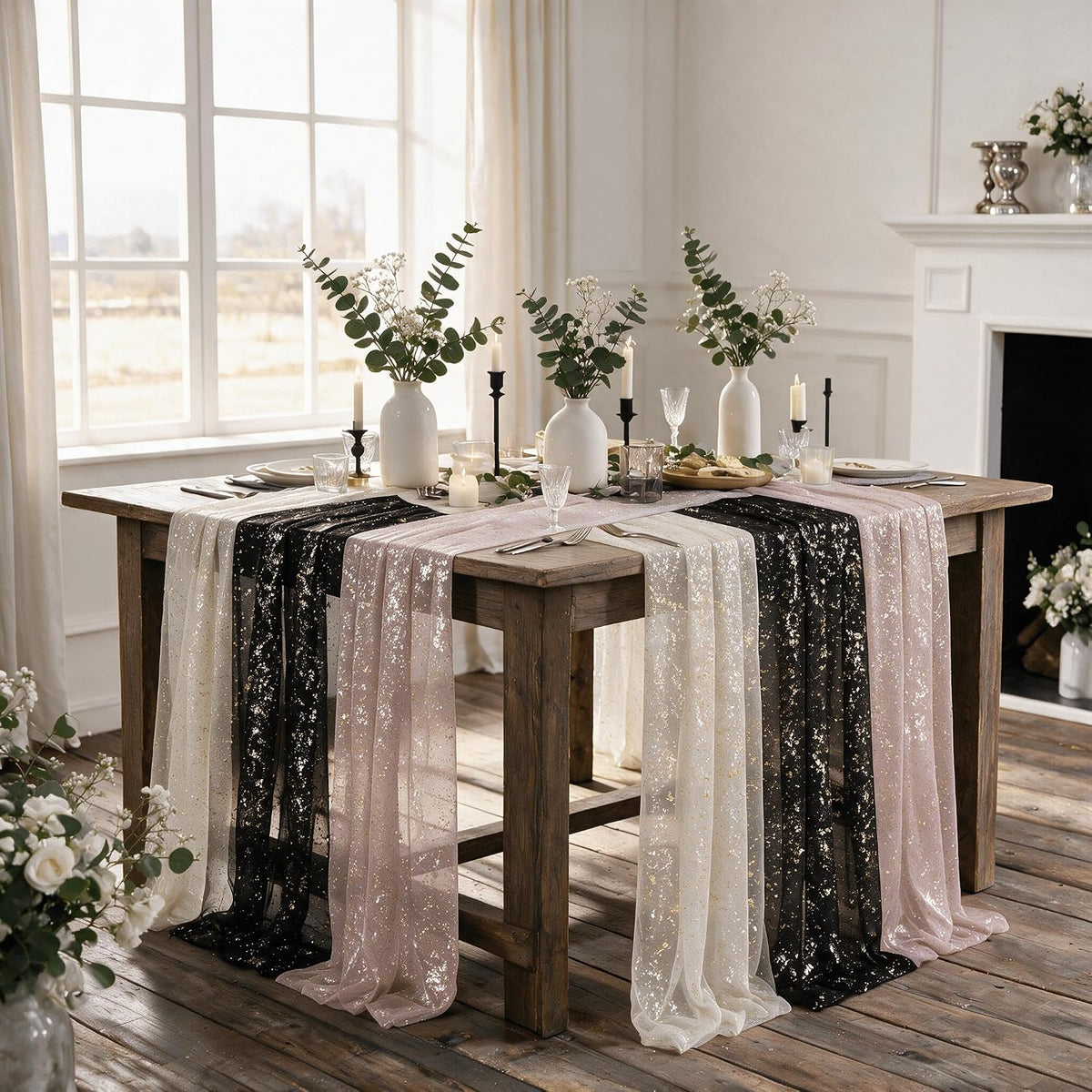 Artoid Mode 6PC Beige Black Pink Gauze Table Runner 120 Inch 10FT, Glitter Me...