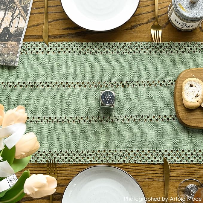 Artoid Mode Light Green Farmhouse Woven Rustic Hollow Table Runner, Seasonal Holiday Hollow Kitchen Dining Table Decoration for Home Party Decor 12x120 Inch