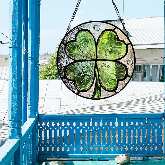 Stained Glass Window Hanging, Green Silver 4 Leaf Clover Sun Catcher for Window Door Home Decor Plant Suncatcher Christmas Mother's Day Birthday Gifts for Women Men Mom Nana 15 in