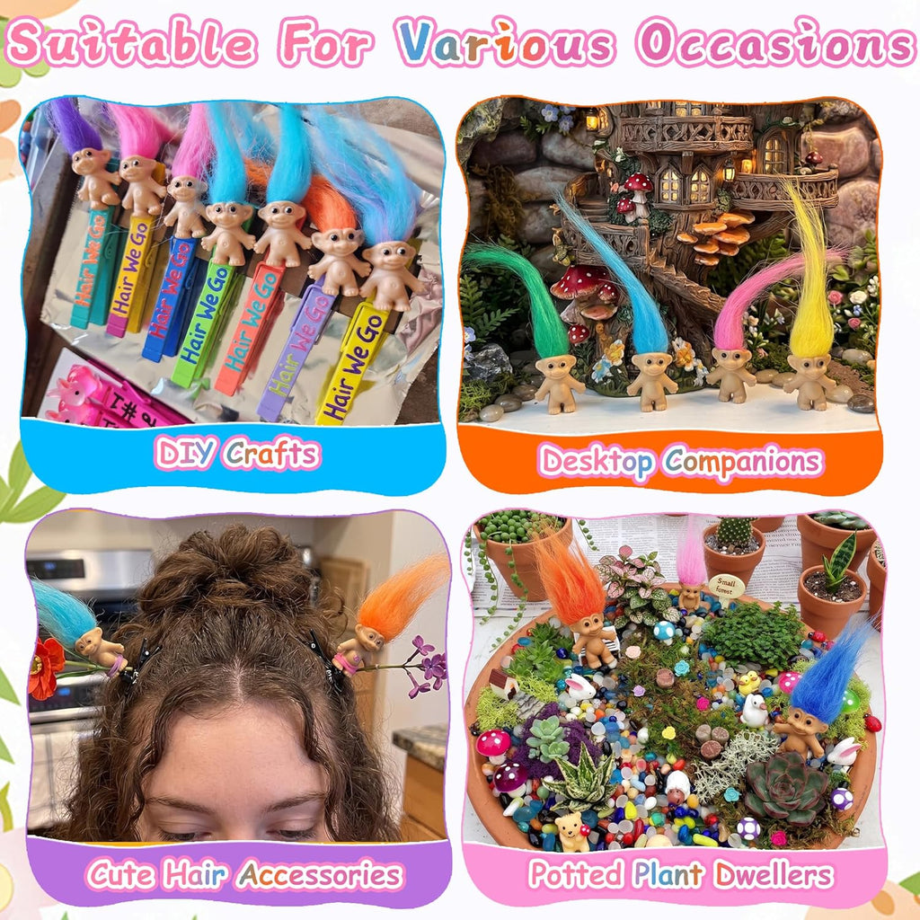 30 Pcs Long-Haired Lucky Mini Troll Dolls - 4" Vintage Style Action Figures (0.8" Body) with Colorful Hair. Small Toys for Kids Goodie Bag Fillers, Classroom Prizes, Pinata Stuffers & Cake Toppers