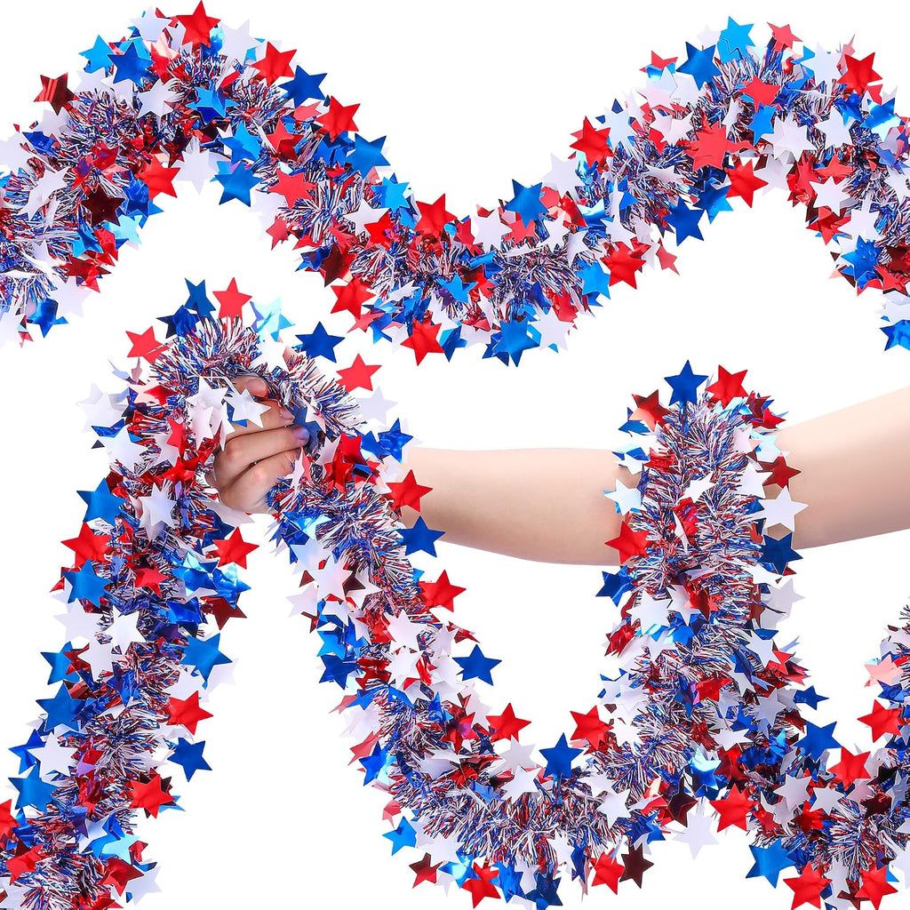 52.5Ft Patriotic Glitter Tinsel Garland Decoration, Red White Blue Star Metallic Tinsel Twist Garland, 4th of July Decor Parade Golf Cart Shiny Tinsels for Car Bike Independence Day Memorial Day Decor