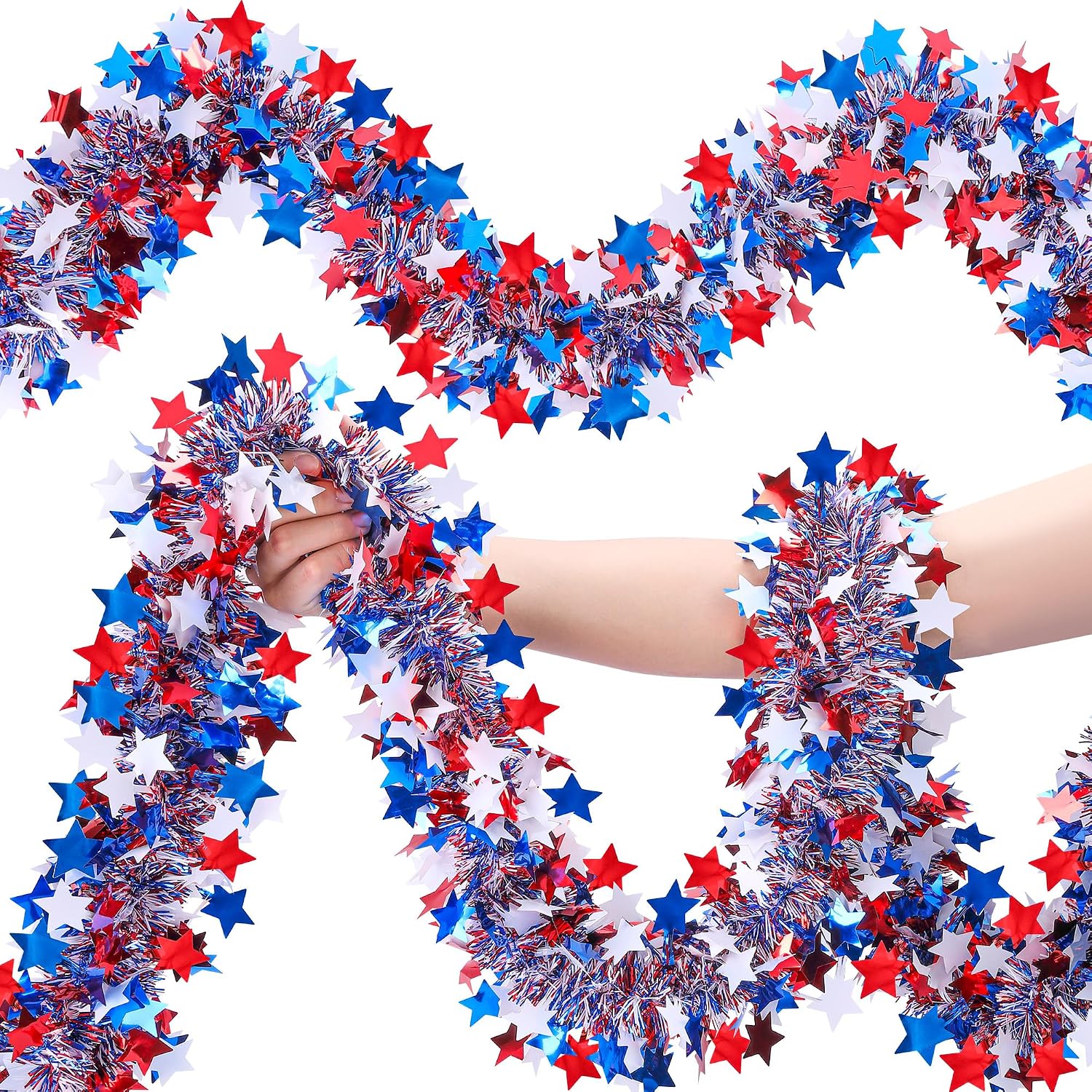 52.5Ft Patriotic Glitter Tinsel Garland Decoration, Red White Blue Star Metallic Tinsel Twist Garland, 4th of July Decor Parade Golf Cart Shiny Tinsels for Car Bike Independence Day Memorial Day Decor