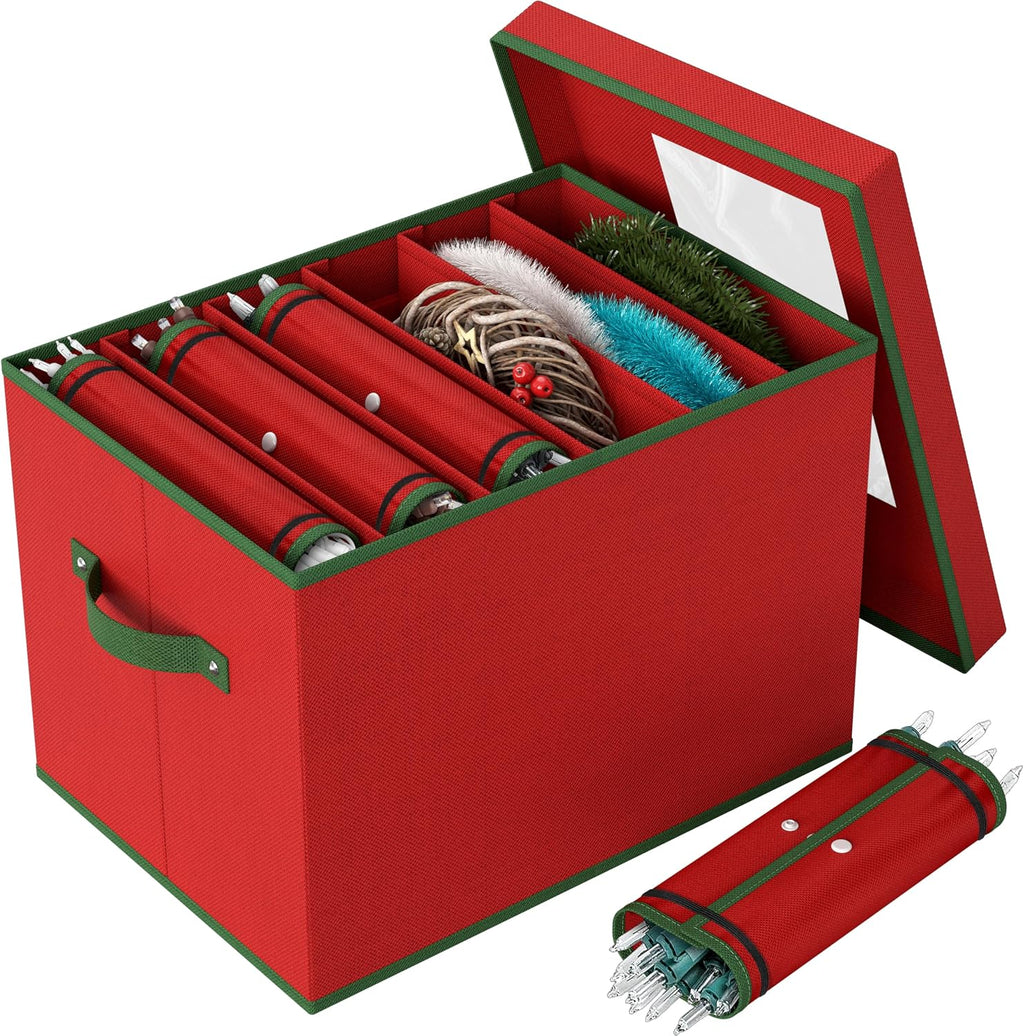 Simple Houseware Heavy-Duty Christmas Ornament Organizer Bin with 6 Padded Wraps, Adjustable Dividers for 12-inch Nutcrackers & Holiday Decorations, Clear Window