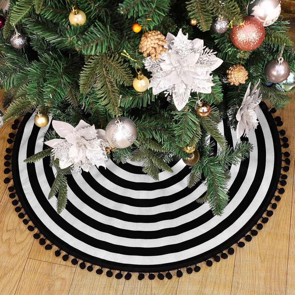 MACTING Christmas Black and White Tree Skirt, 30 Inch Annual Rings Tree Mat with Pom Poms for Xmas Tree Halloween Indoor Home Holiday Party Christmas Decorations