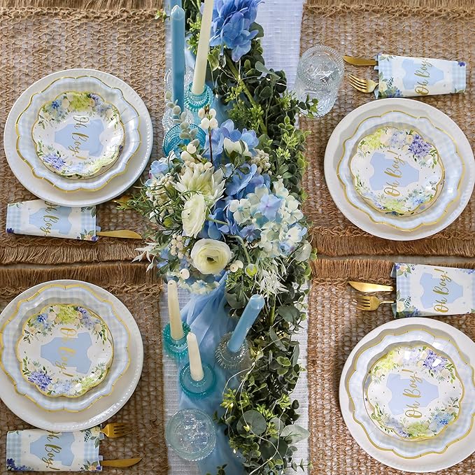 Kate Aspen Baby Shower Onesie Blue Floral & Gingham Tableware Set - 62pc. 16pcs 7 inch & 16pcs 9 inch Heavy Duty Disposable Party Plates, 30pcs 6.5 inch Durable Paper Napkins
