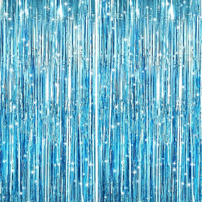 GCB 2Pack Blue Metallic Tinsel Foil Fringe Curtains, Blue Door Streamers Photo Booth Backdrop for Birthday Party, Tinsel Curtain Backdrop for Baby Shower Bachelorette Xmas Party Decorations