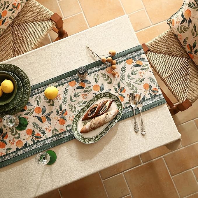 patdrea Designer Vintage Fresh Farmhouse Linen Table Runner 87 Inch Long, Green and Orange Pattern Table Mat, Decor for Kitchen Dining Table Coffee Table Shelf Cabinet Banquet Christmas ,12"*87"