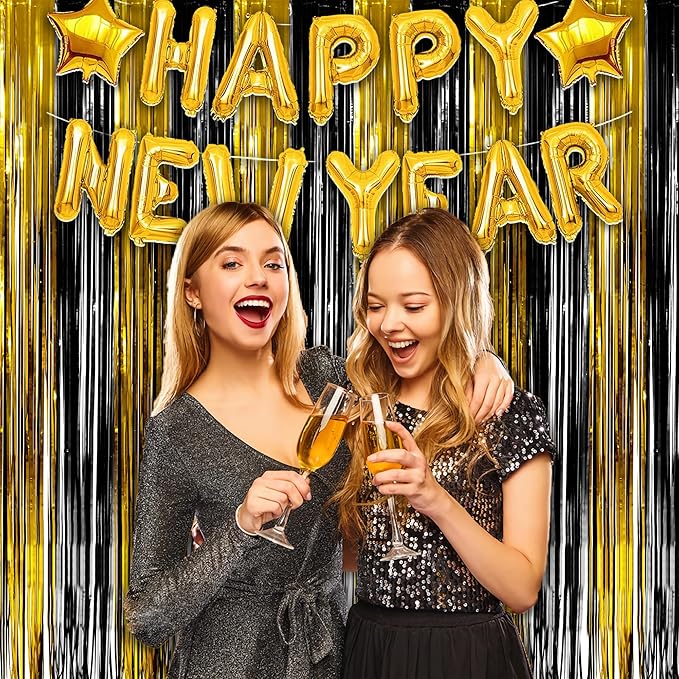 Black and Gold Party Streamers Decoration - GREATRIL Foil Fringe Backdrop for 2026 NYE/Anniversary/Farewell/Cocktail/Prom/EID/Birthdays - 3.2ft X 8.2ft - 2 Packs