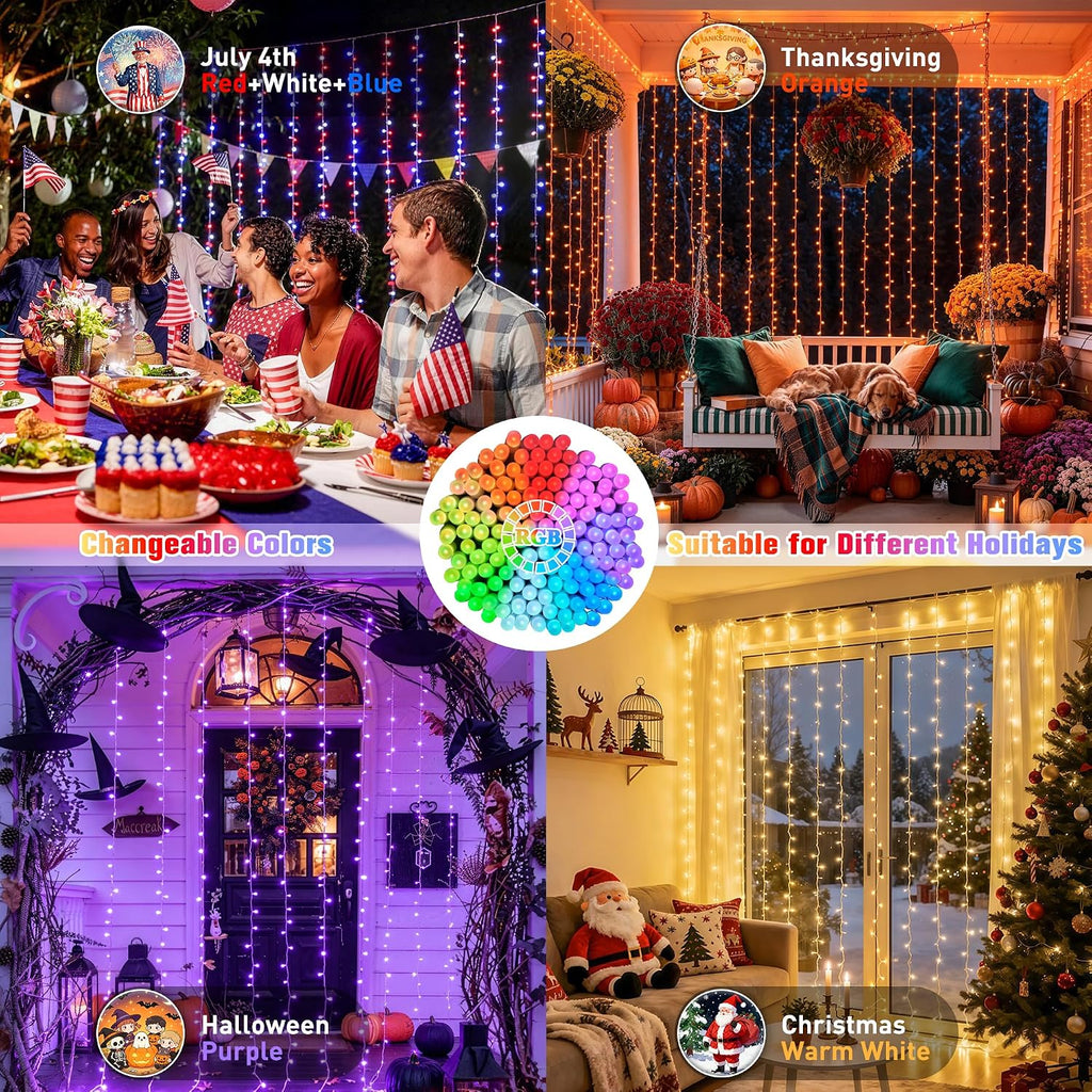 JMEXSUSS RGB Curtain Lights, 300 LED 9.8×9.8FT, Color Changing String Lights with APP & Remote Control, 16 Million Colors, IP44 Waterproof, Holiday Lights for Bedroom Party Wedding 4th of July Decor