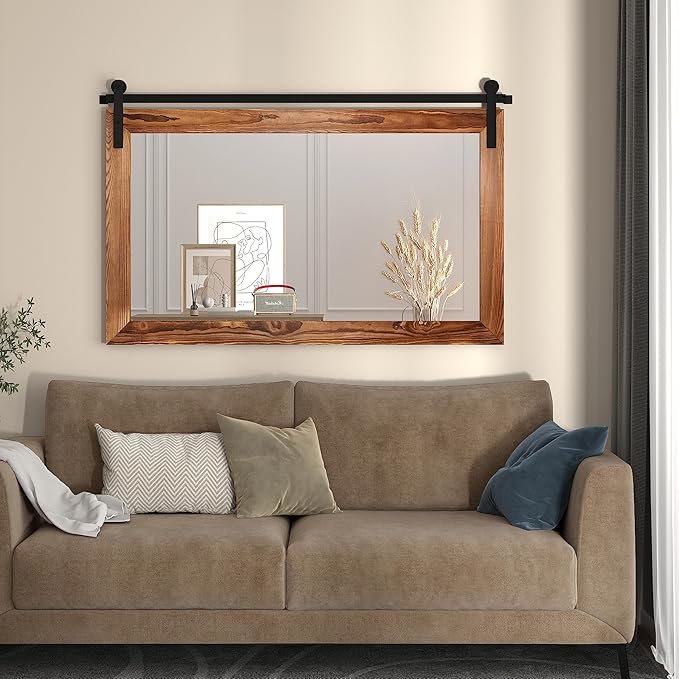 COGOOD Farmhouse Bathroom Mirror - 41" x 30" Rustic Barn Door Mirror for Living Room, Entryway, Bedroom, Vanity Wall Decor (Brown)