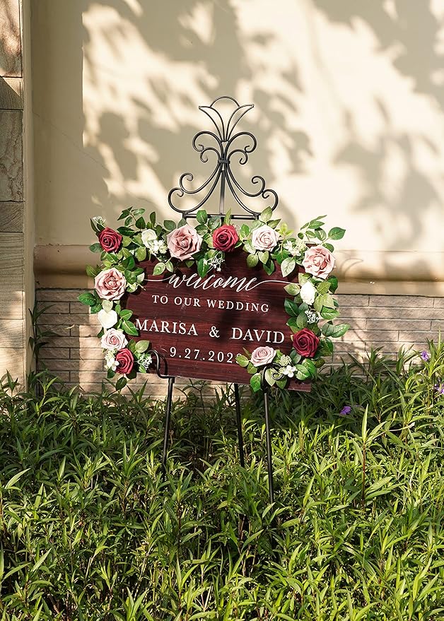 PONATIA 5FT Burgundy Artificial Flowers Garland, Dusty Rose Flowers Garland for Wedding Ceremony Garlands Backdrop Arch Flowers, Table Christmas Decorations (Burgundy & Ivory)