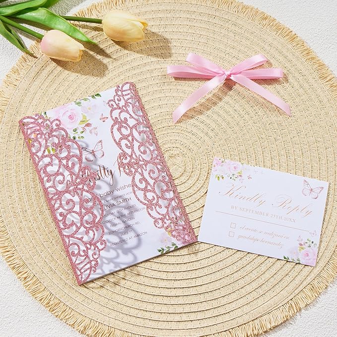 25pcs Glitter Laser Cut Wedding Invitation Kits Pink Personalized Invitation Pockets 5×7 Invitations with Envelopes and RSVP Cards Blank for Wedding Quinceanera Bridal Shower Engagement Birthday Party
