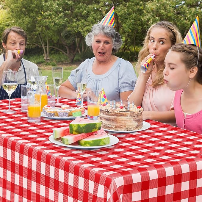 12Pack 54" x 108" Table Cloth Rectangle Table, Waterproof Plastic Table Cloth Ddisposable, Red and White Checkered Tablecloth Table Cover for Outdoor Picnic Birthday Party Gathering BBQ Holiday Dinner