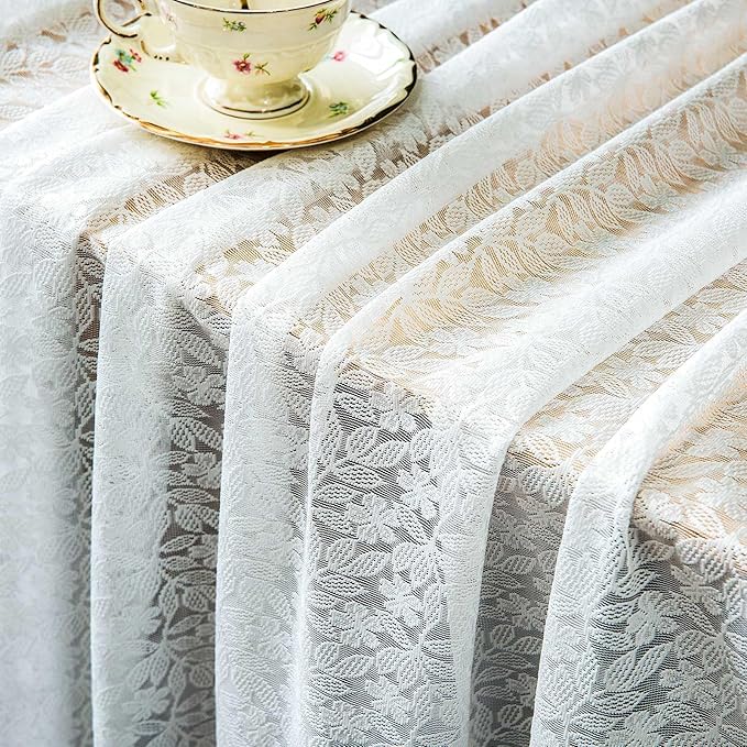 Lace Tablecloth Leaf Pattern Warp Knitting Fabric Solid White Rectangle/Oblong Table Cover for Kitchen Dining Farmhouse Wedding Party Decor Ivory, 55x102 Inch