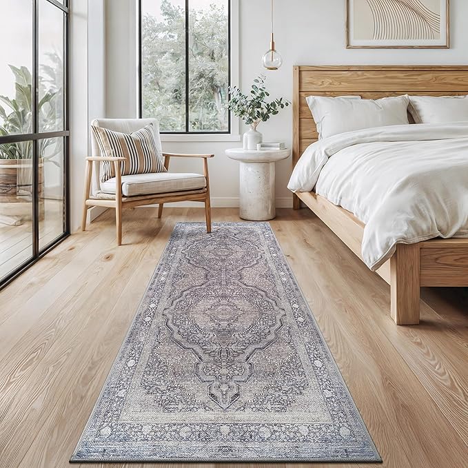 Bloom Rugs Washable Non-Slip 10 ft Runner - Blue/Steel Gray/Beige Traditional Medallion Runner for Entryway, Hallway, Bathroom, and Kitchen - Exact Size: 2.5' x 10'