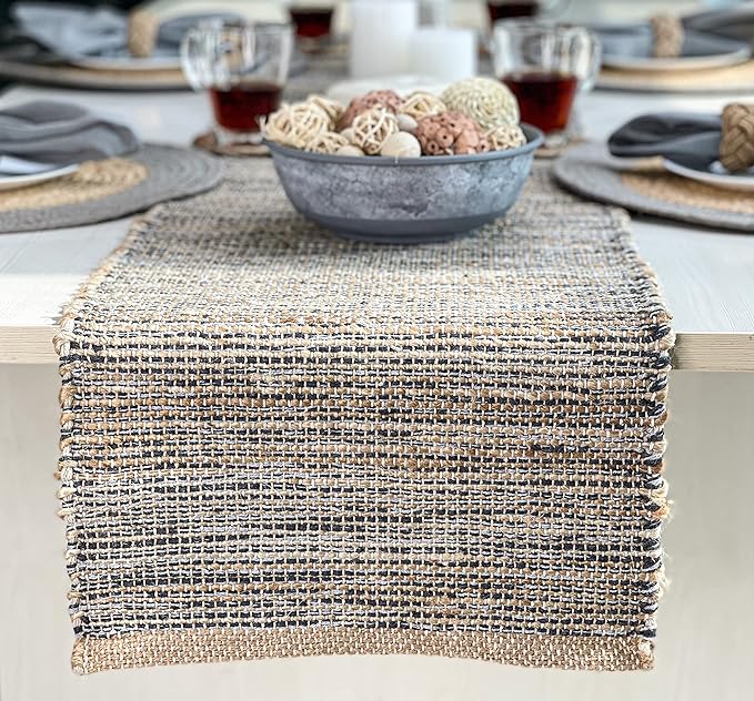 Chardin home Natural Jute Table Runner 13x72 Inch – Vintage Boho Rustic Table Decor – Handwoven Table Runner in Natural Jute and Grey – Farmhouse Dining or Console Table Accent