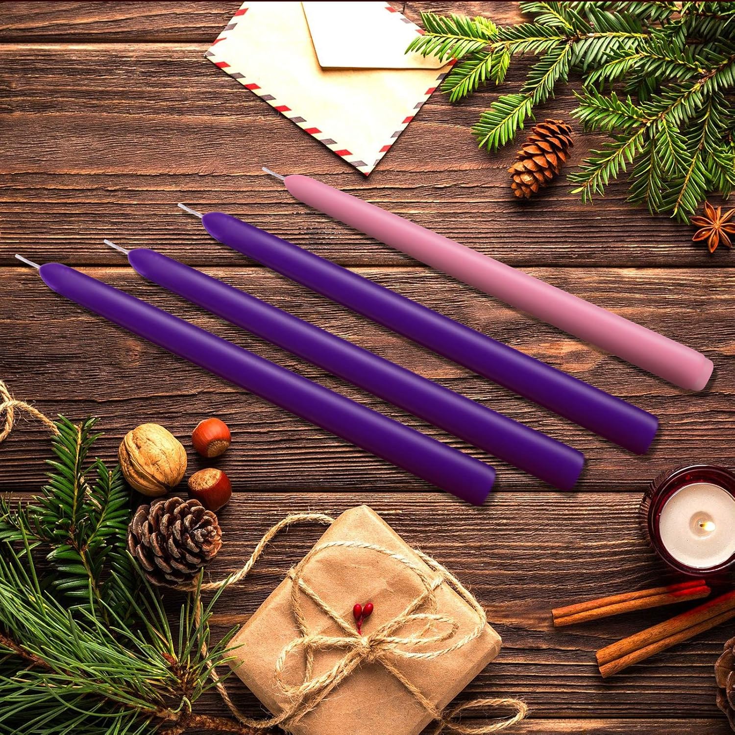 20 Pack Advent Candle Set, 15 Purple 5 Pink Taper Candles, 10 Inch Smokless and Dripless Candlesticks for Advent Christmas and Seasonal Celebration