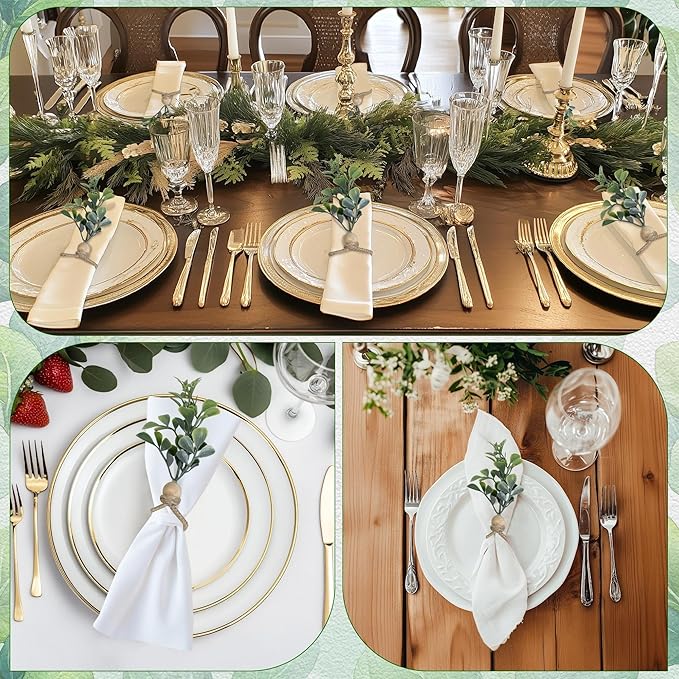 MAOANME Napkin Rings Set of 50, Rustic Eucalyptus Napkin Holder Rings with Wood Bead, Farmhouse Green Leaf Napkin Ring Bulk, Boho Napkin Ring for Wedding, Table Decor