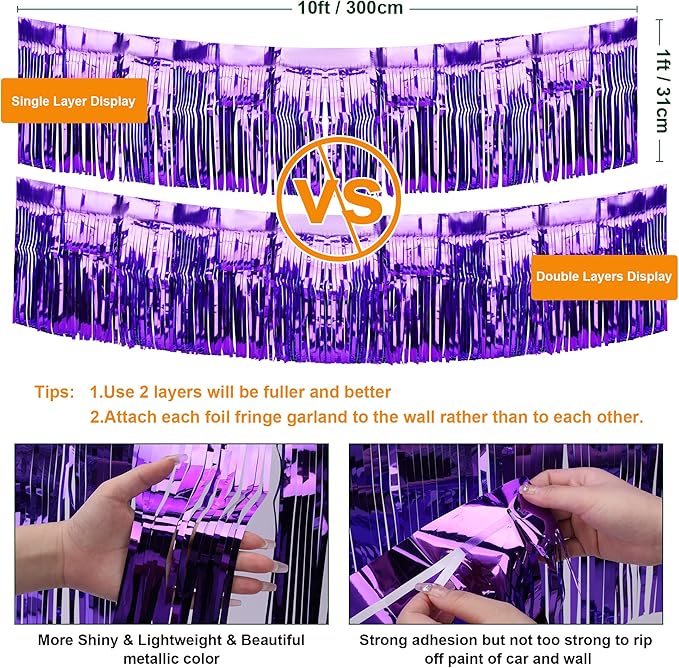 4 Pack Iridescent Fringe Float Curtain, Metallic Foil Fringe Garland Wall Hanging Drapes Tassel Foil Float for Parade Float Trailer, Birthday Holiday Outdoor/Indoor Party Decoration (Purple)