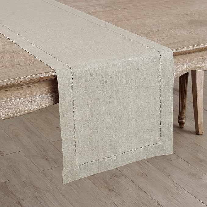 Solino Home Linen Natural Table Runner 48 Inches - Classic Hemstitch, 100% Pure Linen Coffee Table Runner 14 x 48 Inch Ideal for Dresser Tables - Fall, Halloween, Thanksgiving, Christmas, Holiday