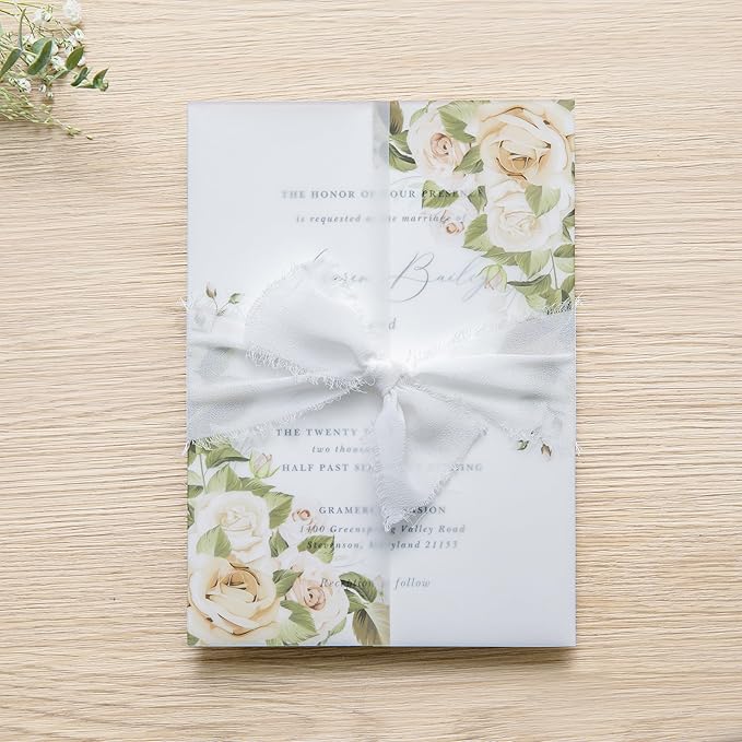 PONATIA 50PCS Vellum Jackets for 5x7 Invitation Cards- 135GSM Champagne Flowers Vellum Sleeves, VVellum Sleeves, 5x7 Clear Jackets - Wedding Invitations Wraps - Transparent Card Jackets