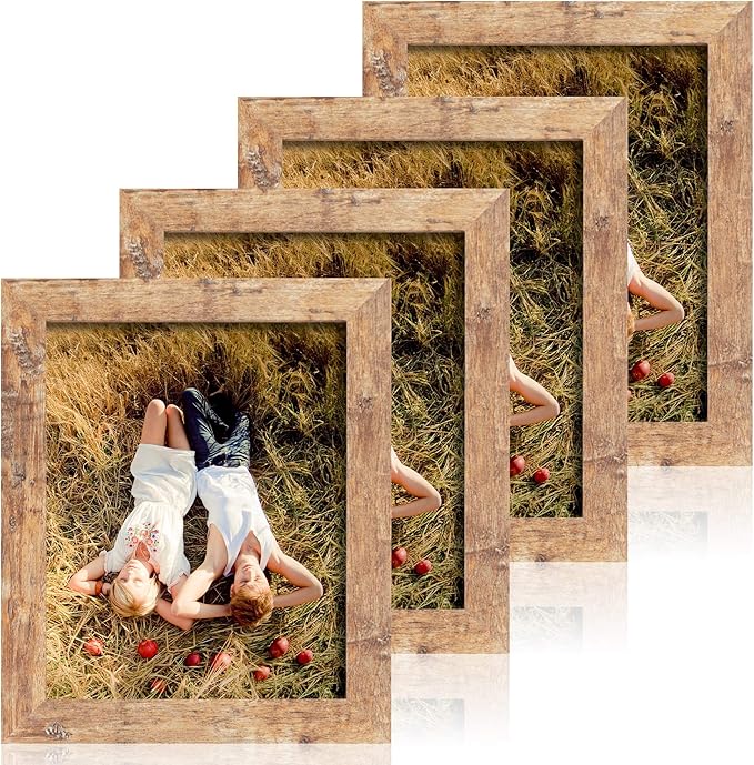 8x10 Picture Frame Set of 4, High Definition Real Glass Rustic Brown Frame, 8 x 10 Wood Photo Frames for Desktop Display and Wall Mounting