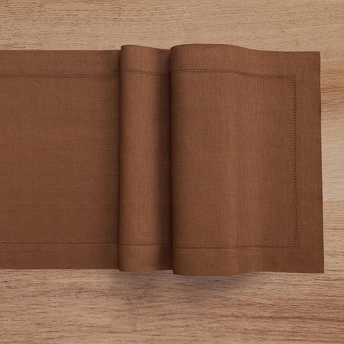 Solino Home Linen Brown Table Runner 120 Inches Long - 100% Pure Linen Hemstitch 14 x 120 Inch Table Runner for Dining, Fall, Autumn, Thanksgiving - Classic Hemstitch