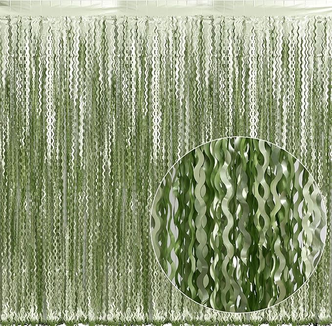 4 Pack Sage Green Wavy Metallic Tinsel Foil Fringe Curtains 3.3x6.6 Feet - Light Green Foil Streamers Backdrop Photo Booth Props for Birthday Wedding Christmas Party Decorations