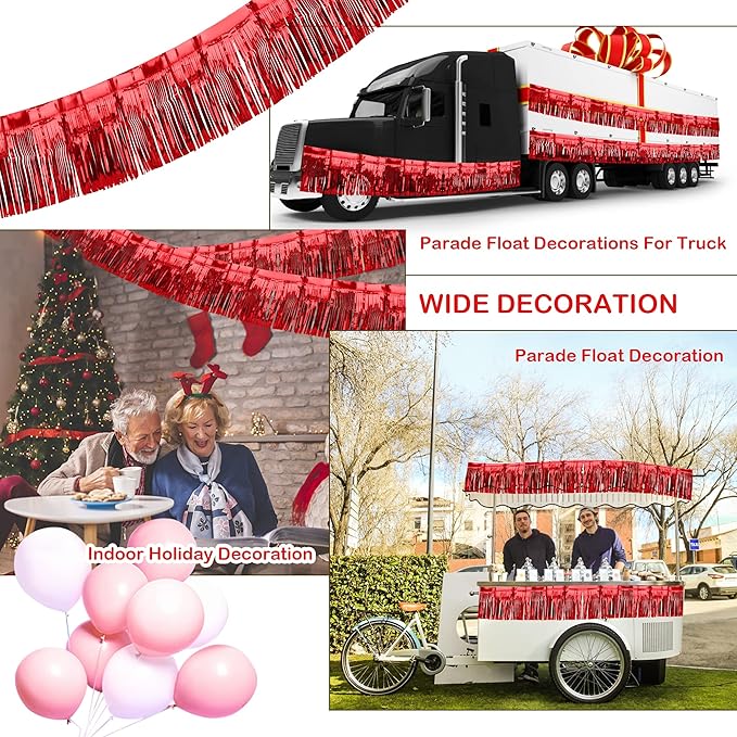 4 Pack Fringe Curtains, Metallic Foil Fringe Garland Shiny Tassel Float Parade Decorations for Trailer Car Graduation Homecoming Outdoor Indoor 4th of July Party (Red)