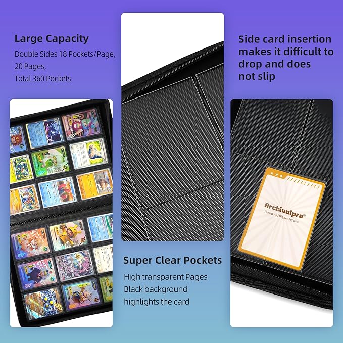 9 Pockets Premium Card Binder 360 Cards Trading Card Binders Zip Card Storage Display Album(9 Pocket 360 Card Slot,Black)